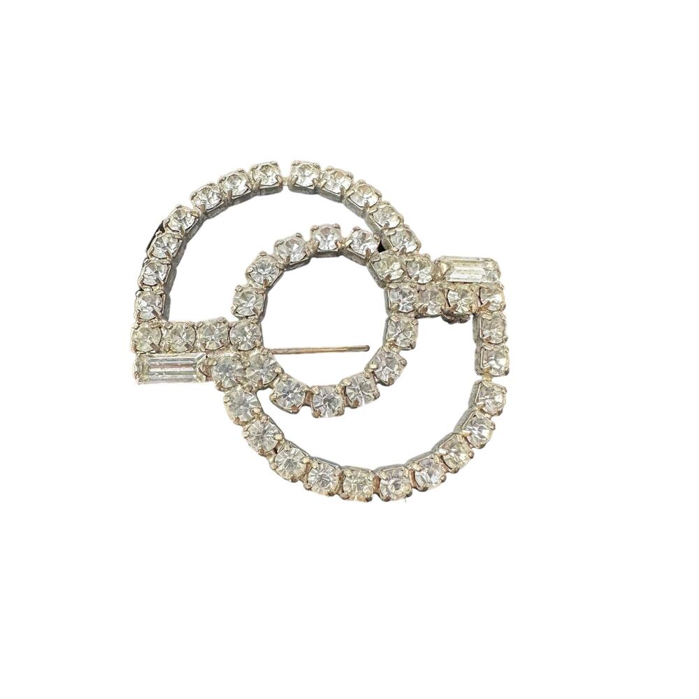 Vintage Rhinestone Encrusted Silvertone Pin Brooch Semi Circles